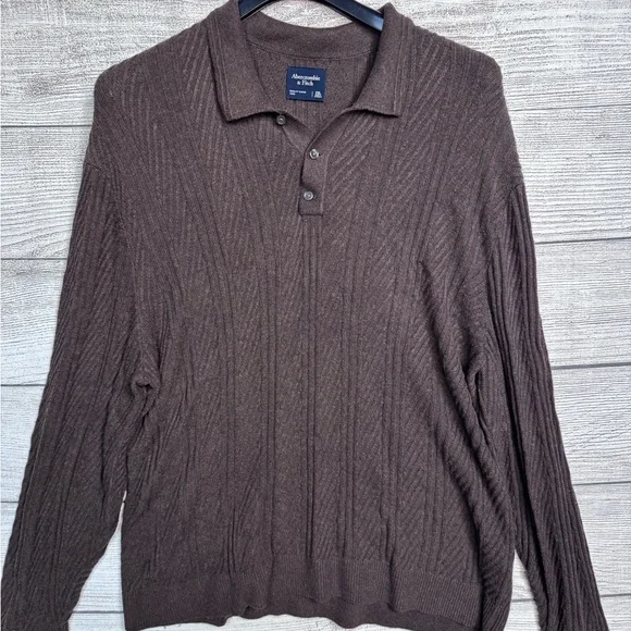 Abercrombie & Fitch Oversized Sweater Mens XXL Tall Brown Polo Collared Knit - Picture 3 of 4